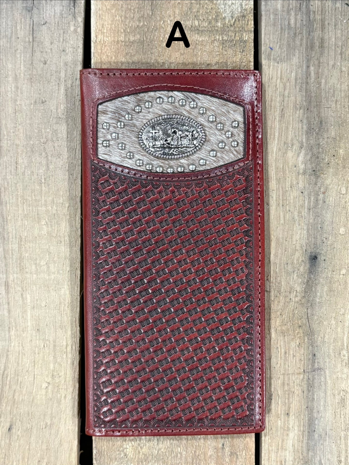 Coffee Brown basketweave leather wallet with a Praying Cowboy Concho on a cowhide inlay. Front View