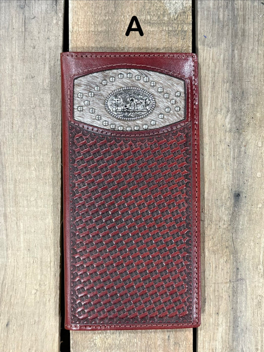 Coffee Brown basketweave leather wallet with a Praying Cowboy Concho on a cowhide inlay. Front View