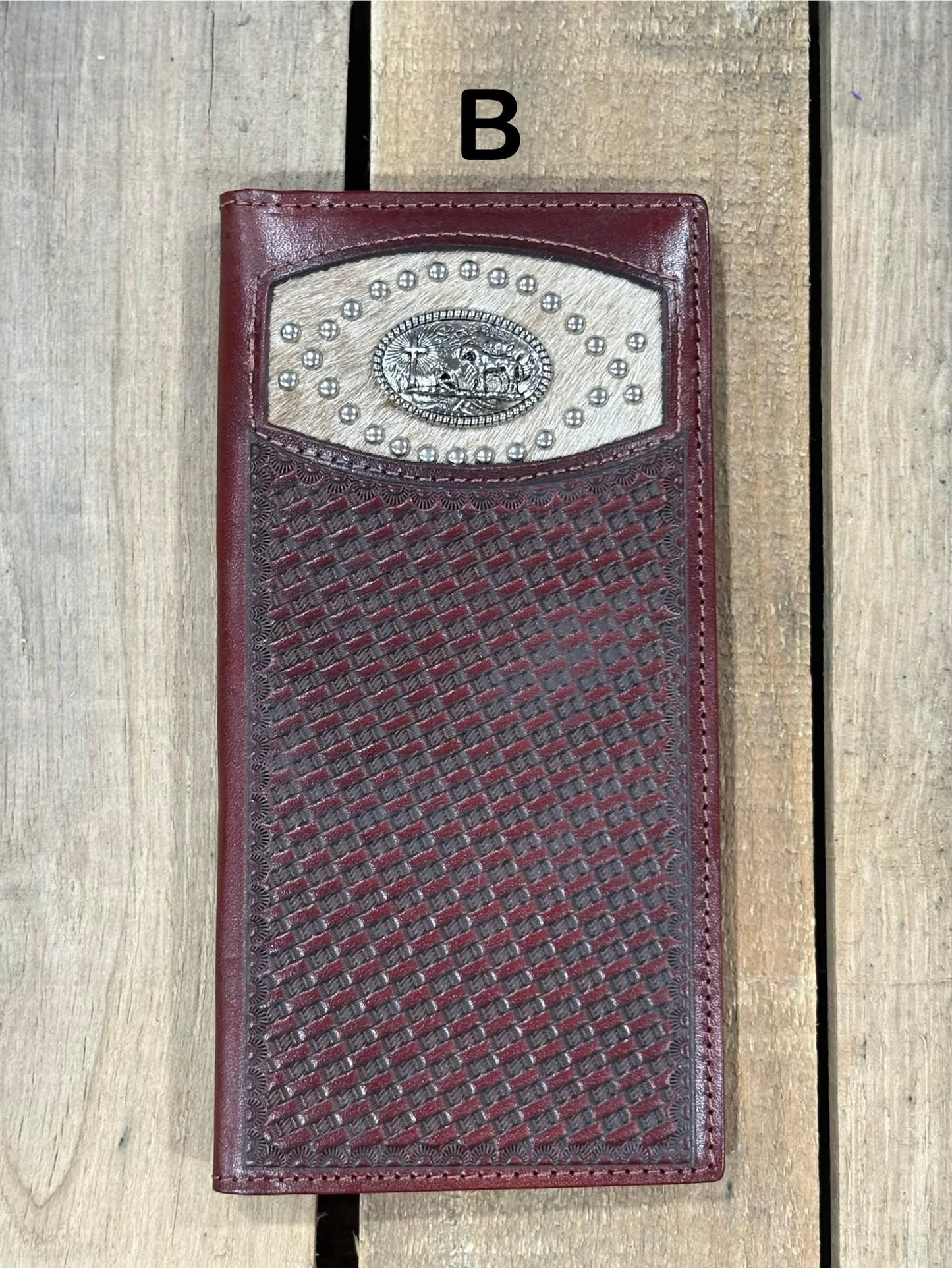 Coffee Brown basketweave leather wallet with a Praying Cowboy Concho on a cowhide inlay. Front View