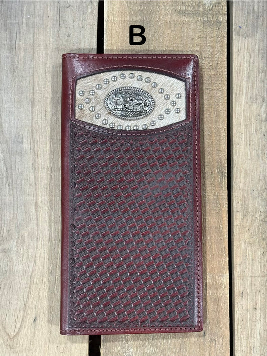 Coffee Brown basketweave leather wallet with a Praying Cowboy Concho on a cowhide inlay. Front View