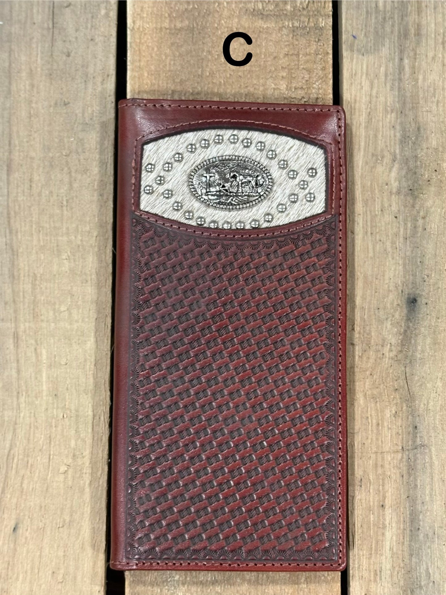 Coffee Brown basketweave leather wallet with a Praying Cowboy Concho on a cowhide inlay. Front View