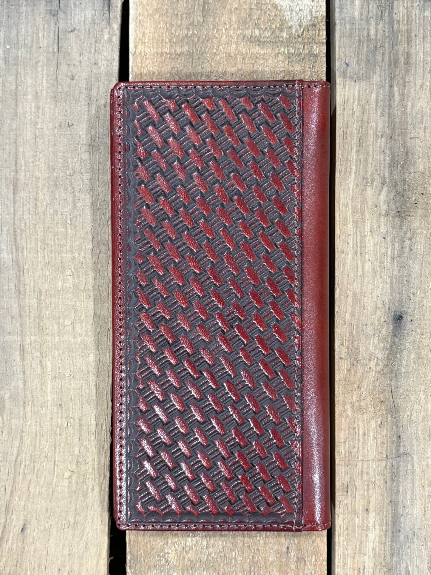 Coffee Brown back view of an embossed basketweave design tall wallet