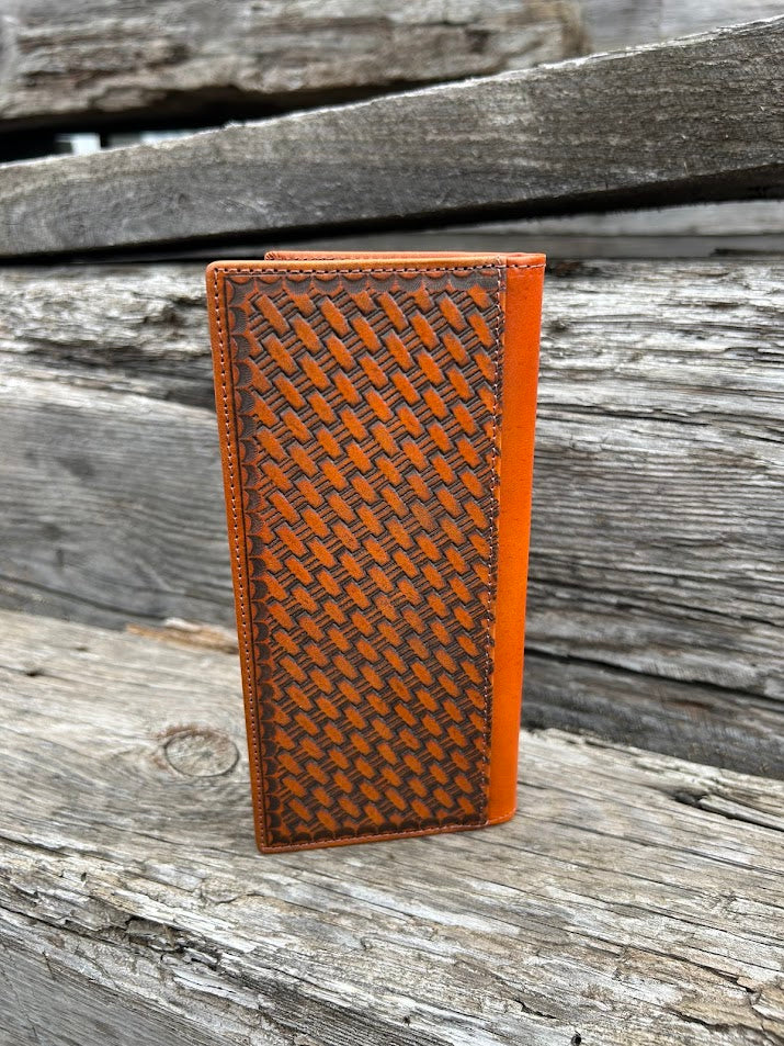 Brown leather wallet with woven pattern on a wooden surface
