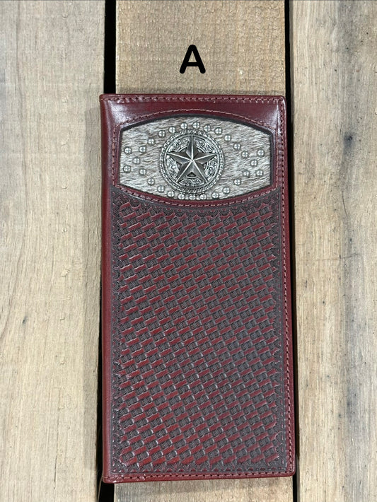 Coffee Brown leather wallet with star silver concho with embossed basketweave design on a wooden surface