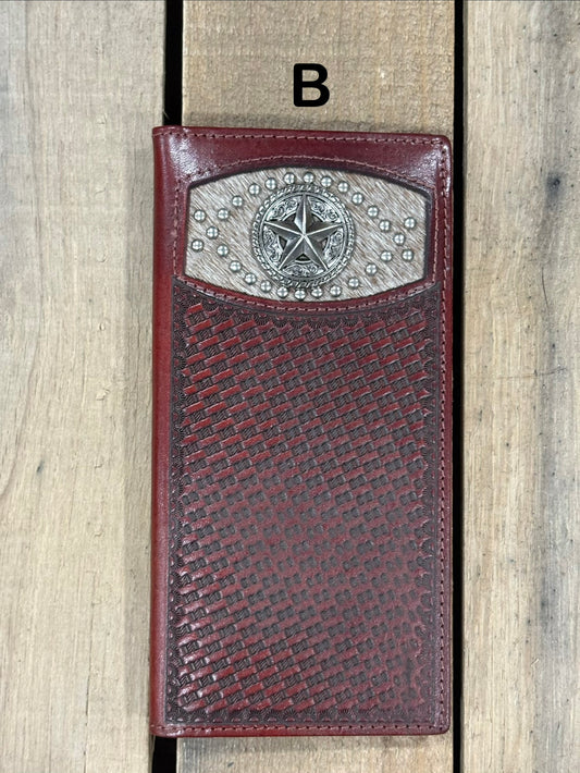 Coffee Brown leather wallet with star silver concho with embossed basketweave design on a wooden surface