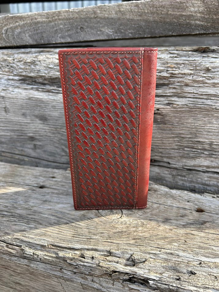Coffee Brown leather wallet with woven pattern on a wooden surface