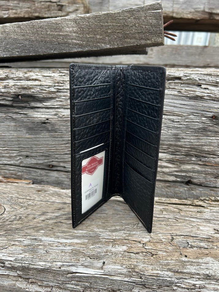 Black basketweave leather Tall wallet with a Bull Rider Concho on top right corner on top of Hair-On cowhide with Silver studs. Inside view showing thirteen card slots, a ID window, and five cash slots. 