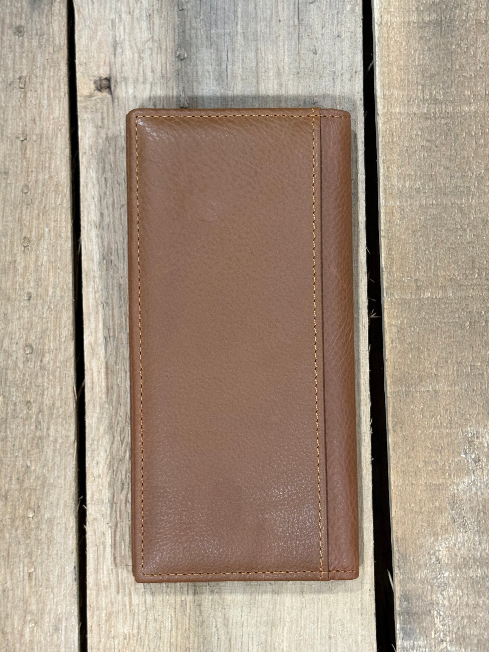 Brown leather wallet on a wooden surface