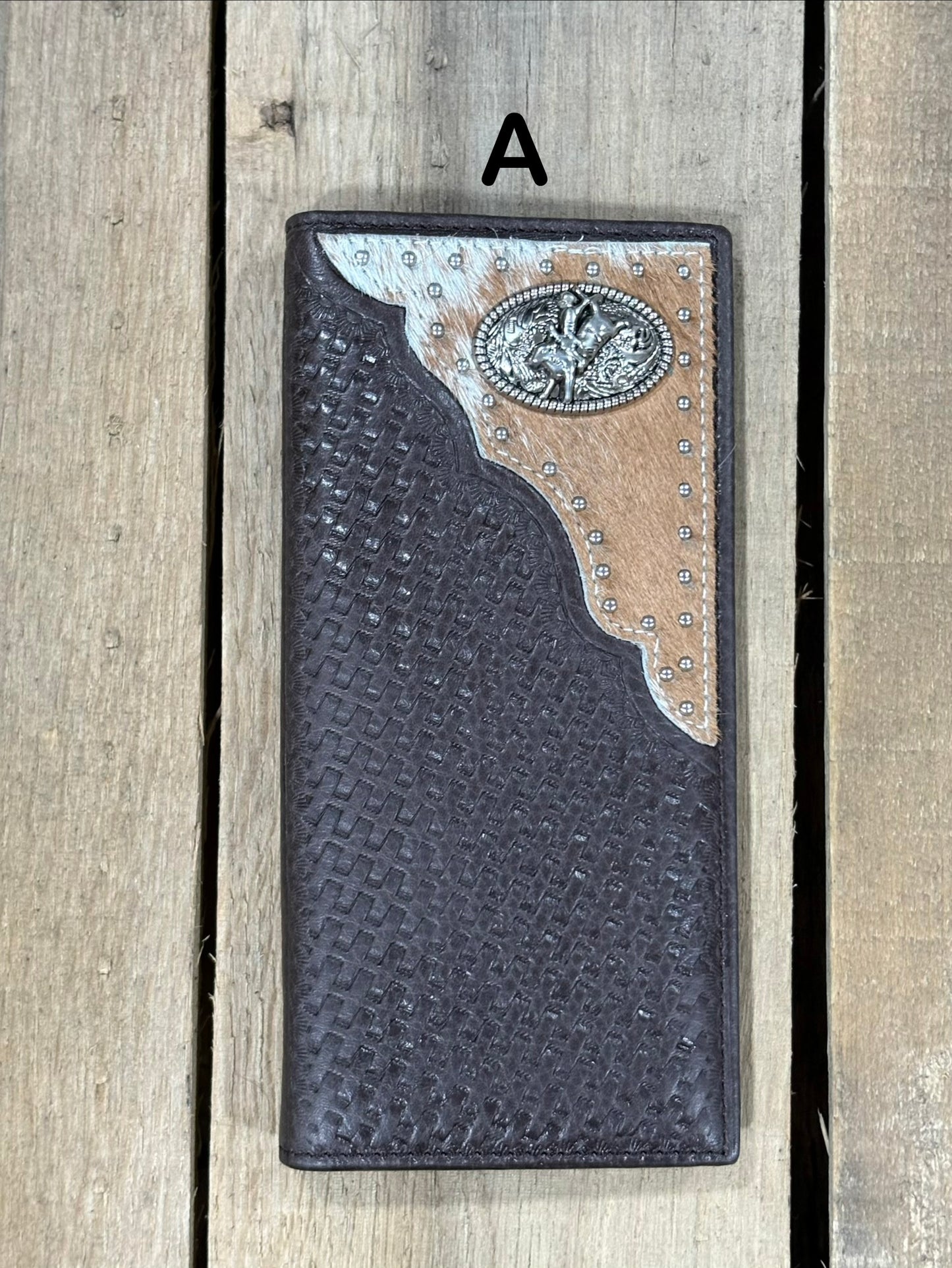 Coffee Brown basketweave leather Tall wallet with a Bull Rider Concho on top right corner on top of Hair-On cowhide with Silver studs. Front View 