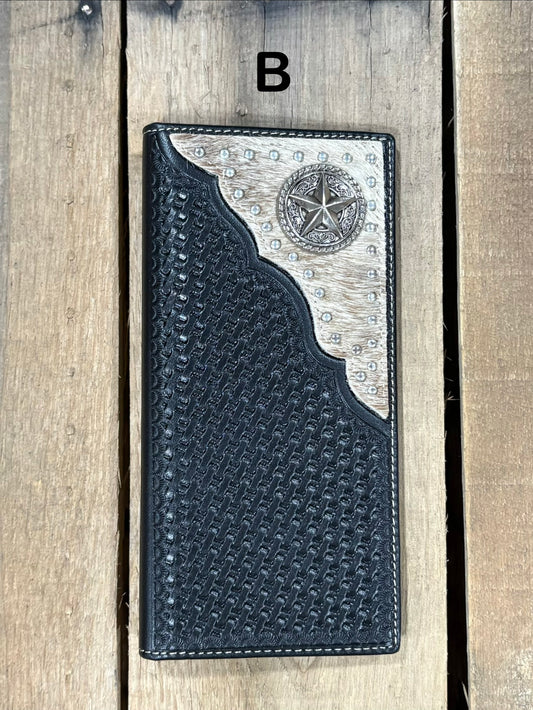 Black basketweave leather Tall wallet with a Star Concho on top right corner on top of Hair-On cowhide with Silver studs. Front View 