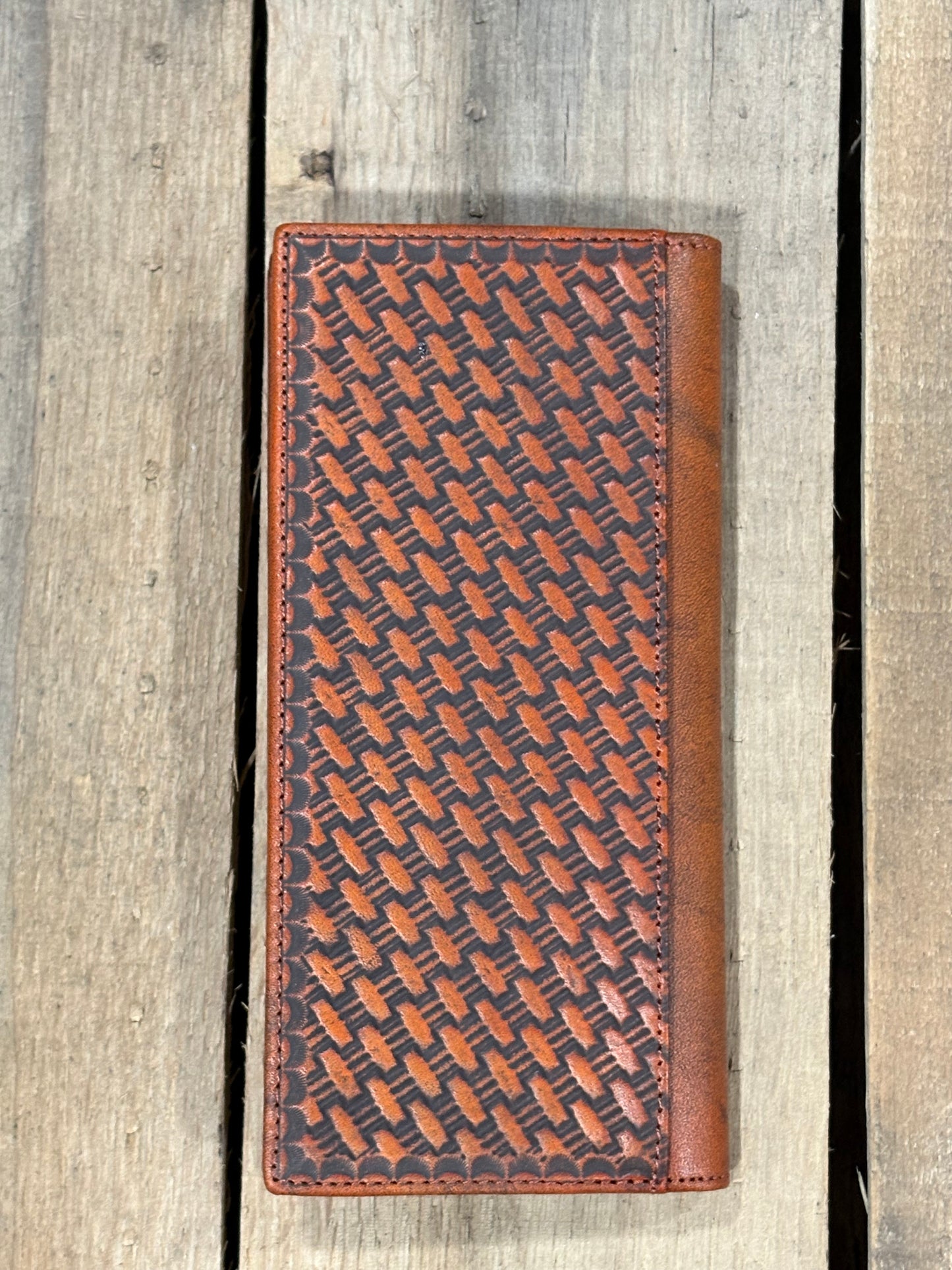 Brown basketweave leather tall wallet with a cowhide inlay corner featuring a Star concho. Inside view showing multiple card slots and a ID window. 