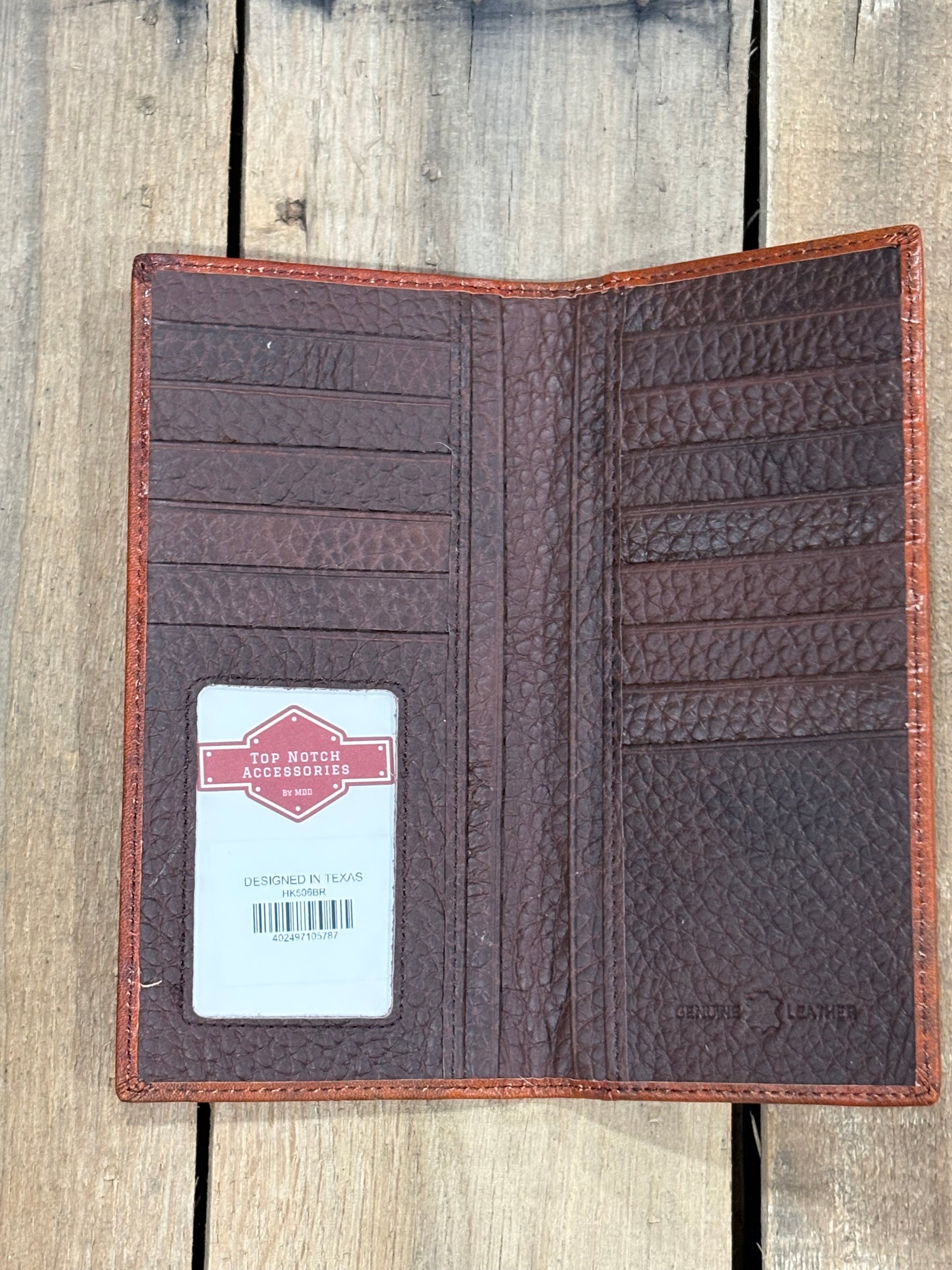 Brown basketweave leather tall wallet with a cowhide inlay corner featuring a Star concho. Inside view showing multiple card slots and a ID window. 