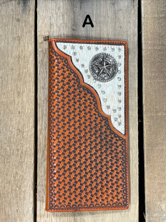 Brown basketweave leather Tall wallet with a Star Concho on top right corner on top of Hair-On cowhide with Silver studs. Front View 