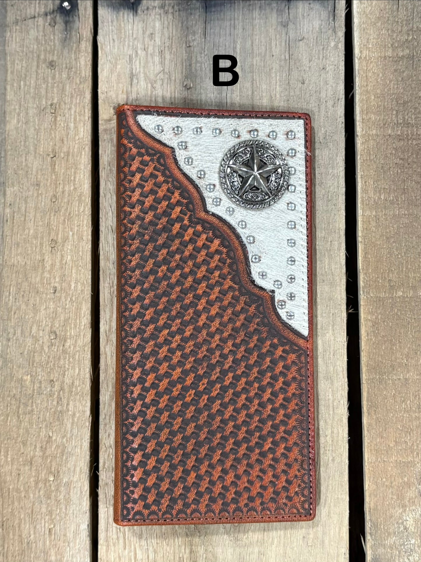 Brown basketweave leather Tall wallet with a Star Concho on top right corner on top of Hair-On cowhide with Silver studs. Front View 