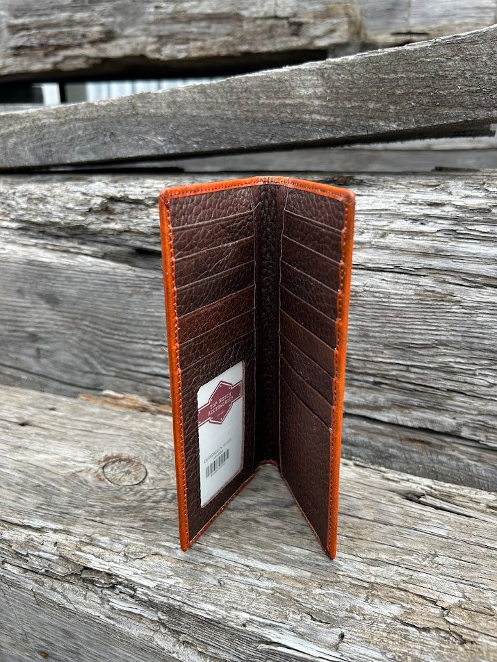 Brown basketweave leather tall wallet with a cowhide inlay corner featuring a Star concho. Inside view showing multiple card slots and a ID window. 