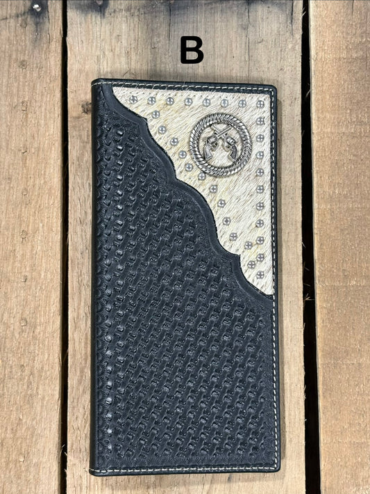 Black basketweave leather Tall wallet with a dueling pistols Concho on top right corner on top of Hair-On cowhide with Silver studs. Front View 