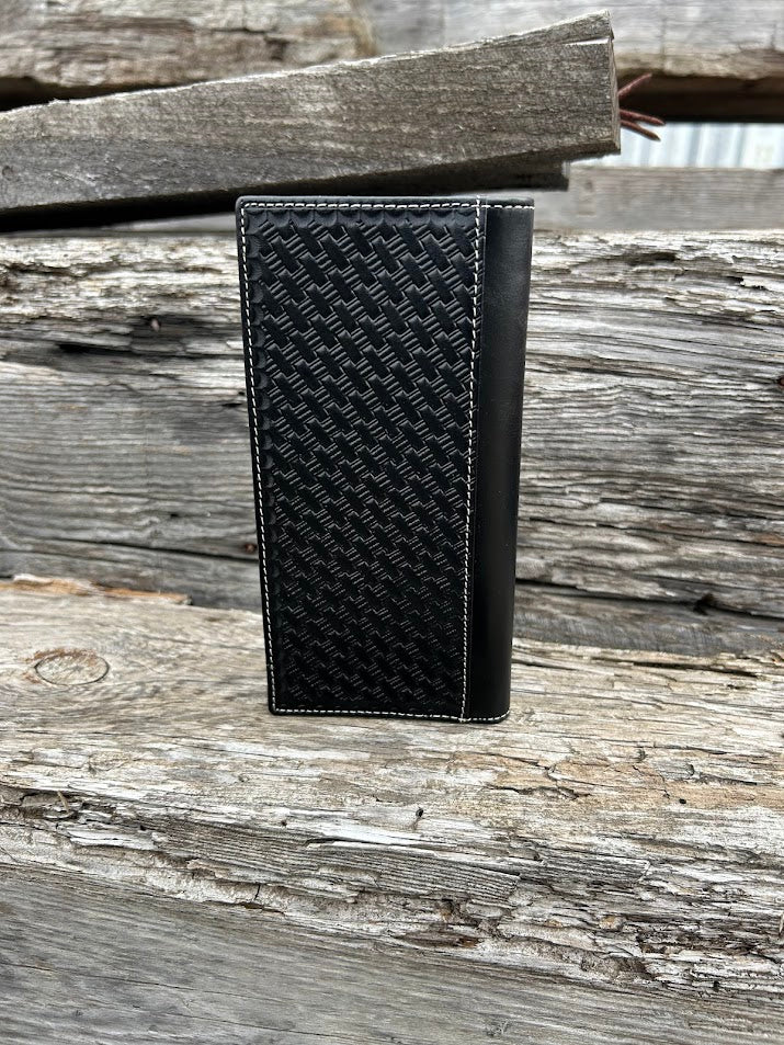Black textured wallet on a wooden surface