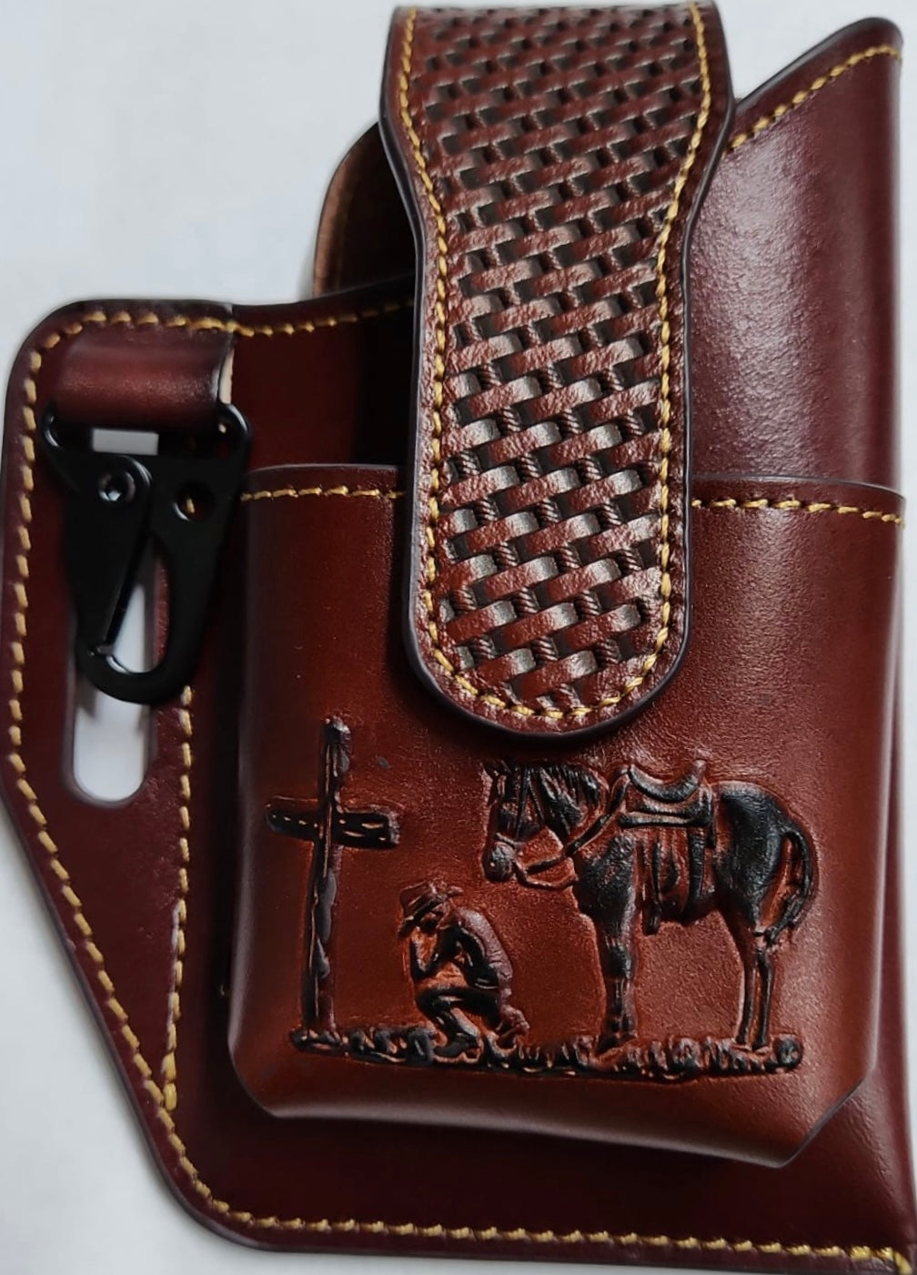 Top Notch Accessories Brown Praying Cowboy Leather Holster Style Phone Case with Pouch & Flap