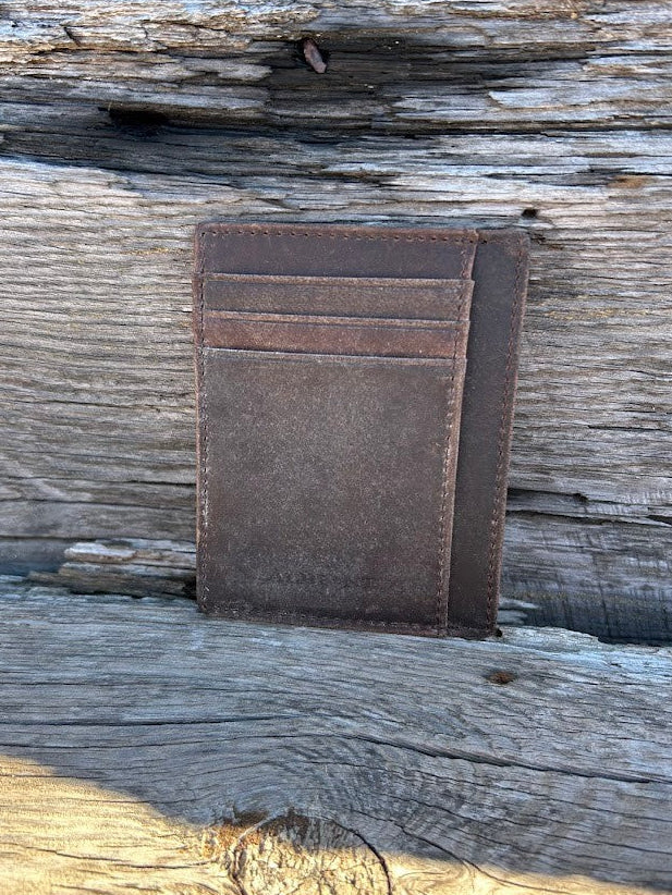 Dark Brown crazy horse leather front pocket wallet with six card slots and a ID window. Features RDIF blocking. 