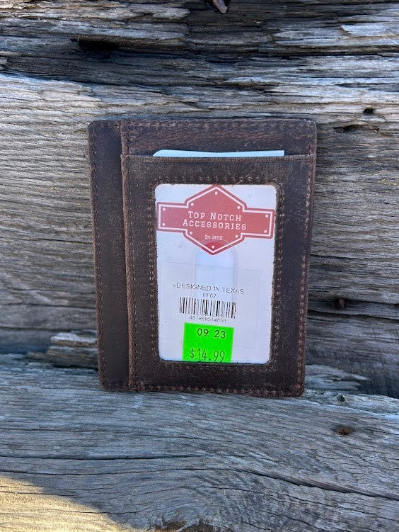 Dark Brown crazy horse leather front pocket wallet with six card slots and a ID window. Features RDIF blocking. Close up view of ID window. 