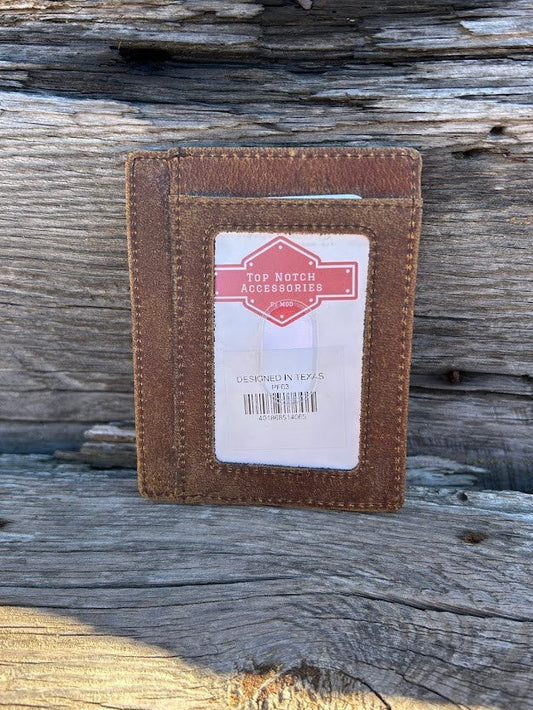 Brown distressed crazy horse leather front pocket wallet with six card slots and a ID window. This wallet has RFID blocking. View of ID window. 