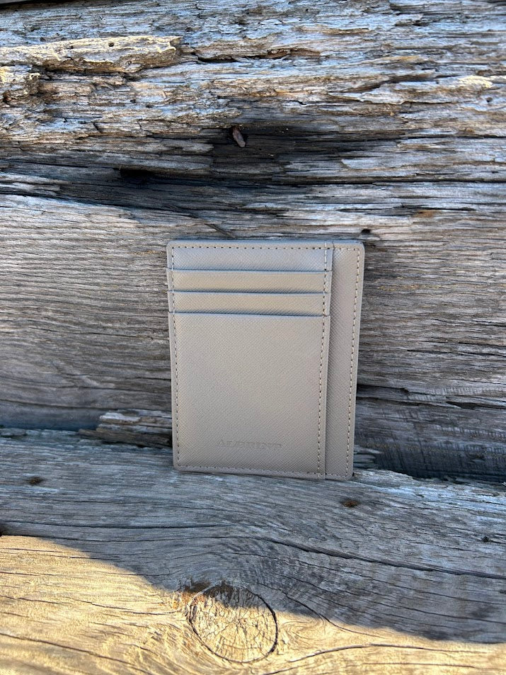 Grey cross hatch leather front pocket wallet with six card slots and a ID window. Has RFID blocking. 