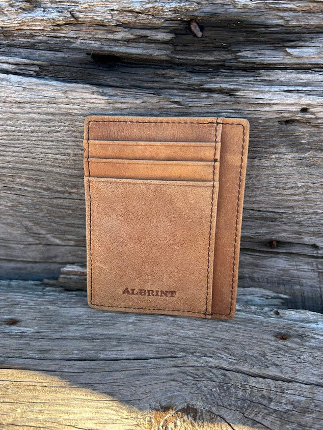 Light Brown crazy horse leather front pocket wallet with six card slots and a ID window. It has RFID blocking. 