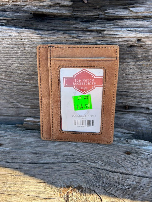 Light Brown crazy horse leather front pocket wallet with six card slots and a ID window. It has RFID blocking. 