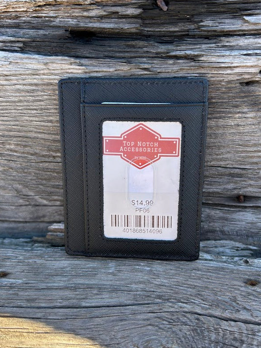 Black leather front pocket wallet with six card slots and a ID window. This wallet has RFID blocking. Showing ID window. 