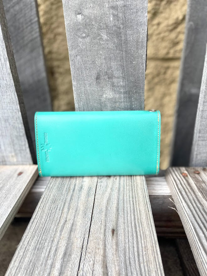 Back view of a turquoise phone case on a wooden surface