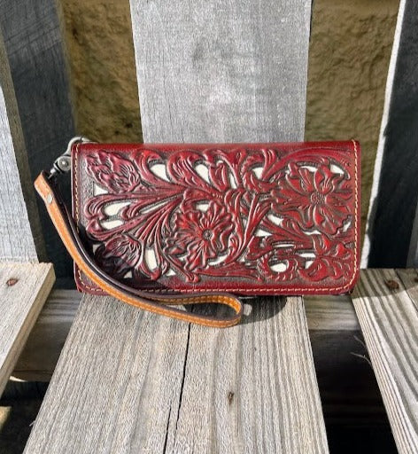Brown tooled leather phone case wallet with Beige inlay. Front View 