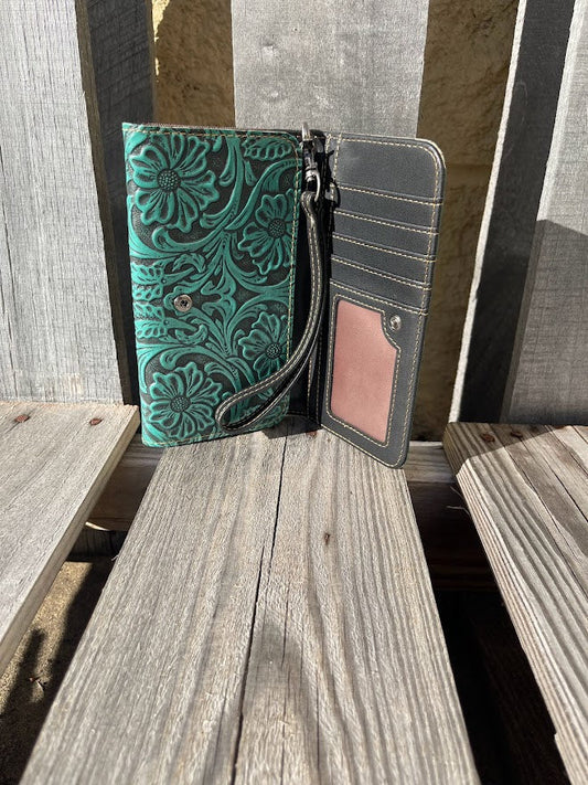 Turquoise tooled leather phone case wallet. Inside view showing ID window and card slots. 