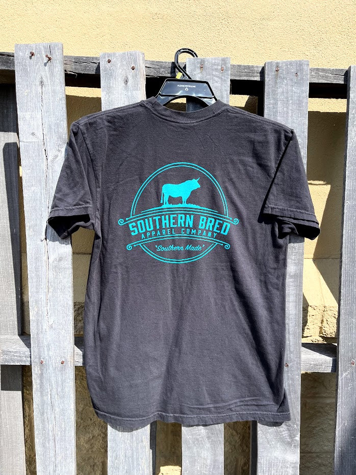 Black t-shirt with Teal logo hanging on a wooden rack against a beige wall.